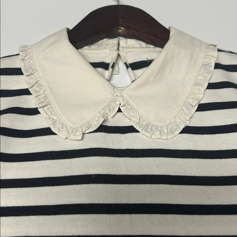 Kate Spade Navy and Cream Long Sleeve Striped Cotton Dress with Ruffle Collar - Picture 3 of 4